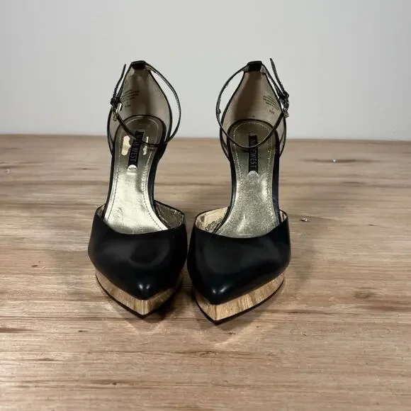 Nine West High-heeled Pumps Black W/ Metallic Gold Platform Pointed Closed Toe - Picture 2 of 9